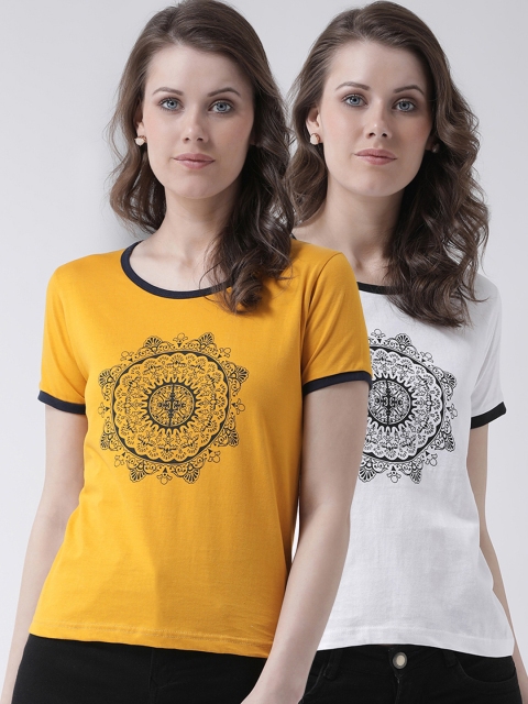 

The Dry State Women Pack Of 2 Yellow & White Floral Printed Round Neck T-shirt