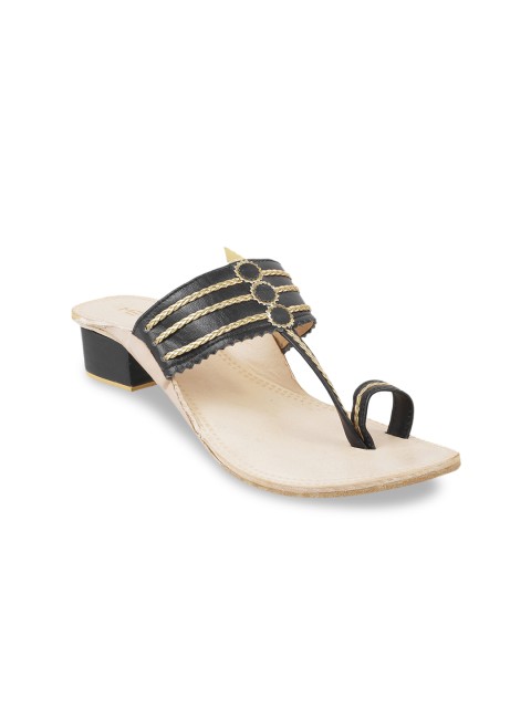 

Metro Women Black & Gold-Toned Striped Leather Block Heels