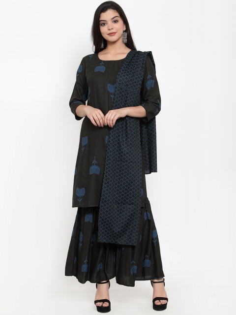 

ANAISA Women Black & Blue Printed Kurta with Sharara & Dupatta