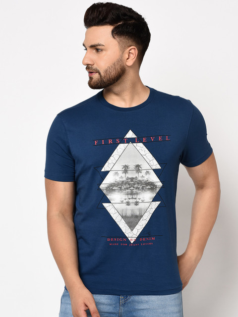 

98 Degree North Men Navy Blue & White Printed Round Neck T-shirt