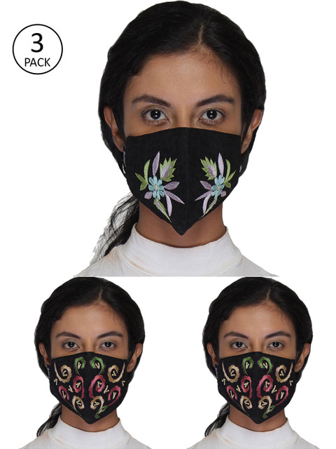 

Anekaant Women 3 Pcs Reusable 3-Ply Cotton Embroidered Cloth Fashion Masks, Black