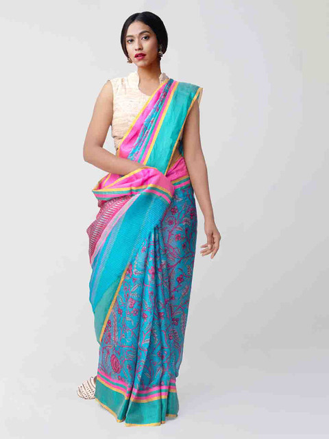 

Unnati Silks Blue & Pink Silk Blend Printed Kota Handloom Saree