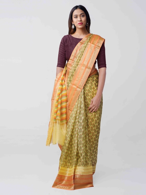 

Unnati Silks Yellow Silk Blend Printed Kota Handloom Saree
