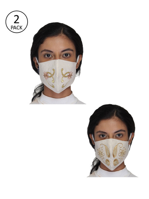 

Anekaant Women 2 Pcs Reusable 3-Ply Cotton Embroidered Cloth Fashion Masks, White