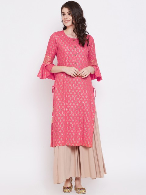 

Desi Rang Women Pink & Gold-Toned Embroidered Straight Kurta