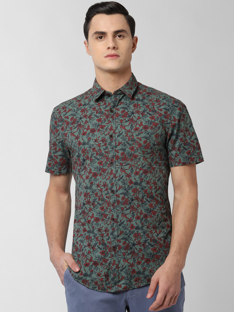 

Peter England Casuals Men Olive Green & Red Slim Fit Printed Viroblock Casual Shirt