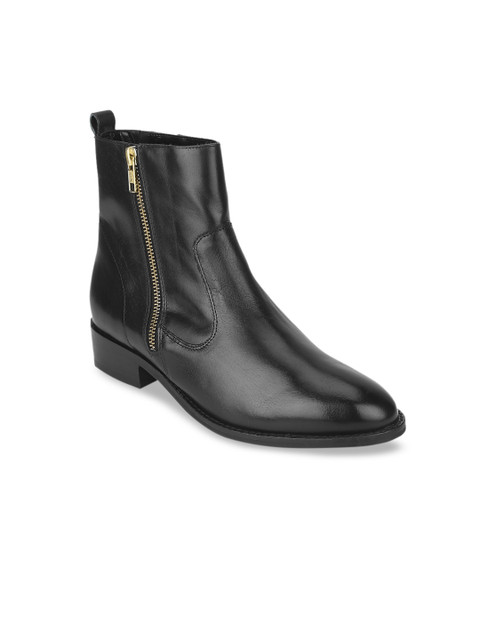 

Mode by Red Tape Women Black Solid Leather High-Top Flat Boots