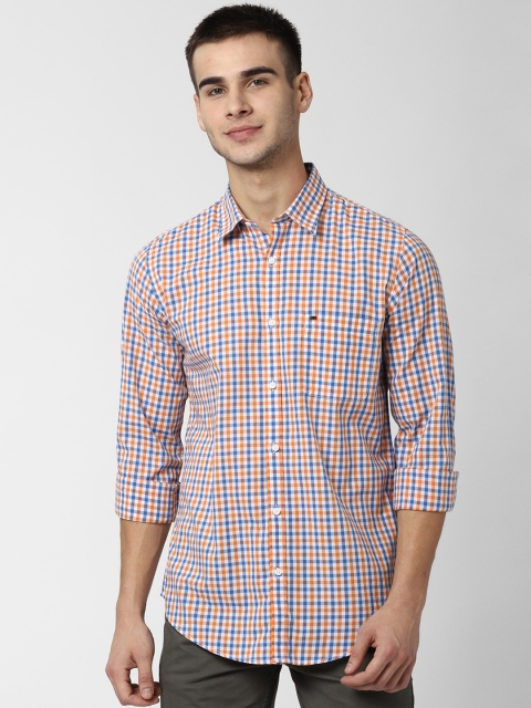 

Peter England Casuals Men Blue & Orange Slim Fit Checked Viroblock Casual Shirt