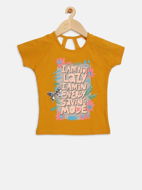 

Ziama Girls Mustard Yellow Printed Styled Back Top