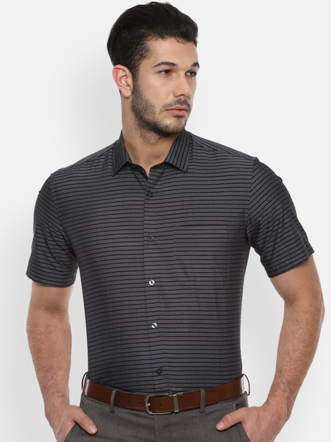 

Louis Philippe Men Grey & Black Slim Fit Striped Formal Shirt