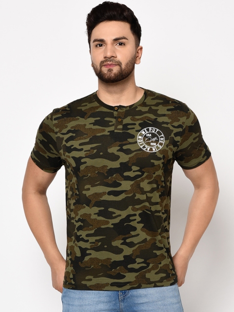 

98 Degree North Men Olive Green Camouflage Printed Round Neck T-shirt