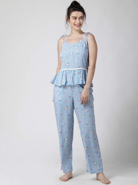 

ADORENITE Women Blue & White Striped Night suit