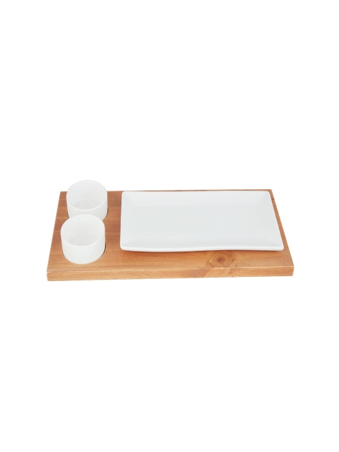 

SONG BIRD Brown & White Solid Regular Platter With 2 Dip Bowls & Base