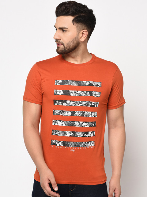 

98 Degree North Men Orange & White Floral Print Round Neck T-shirt