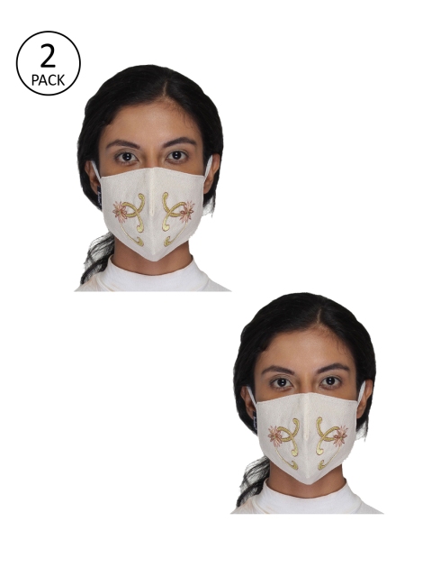 

Anekaant Women Pack Of 2 Off-White Embroidered 3-Ply Reusable Cloth Masks