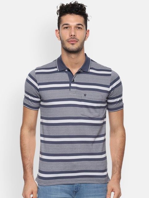 

Louis Philippe Men Grey & White Striped Polo Collar T-shirt
