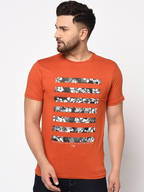 

98 Degree North Men Orange Printed Round Neck T-shirt