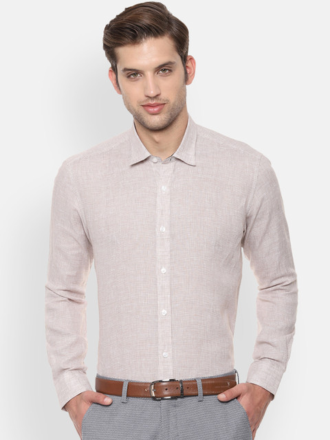 

Louis Philippe Men Beige & White Slim Fit Checked Formal Linen Shirt