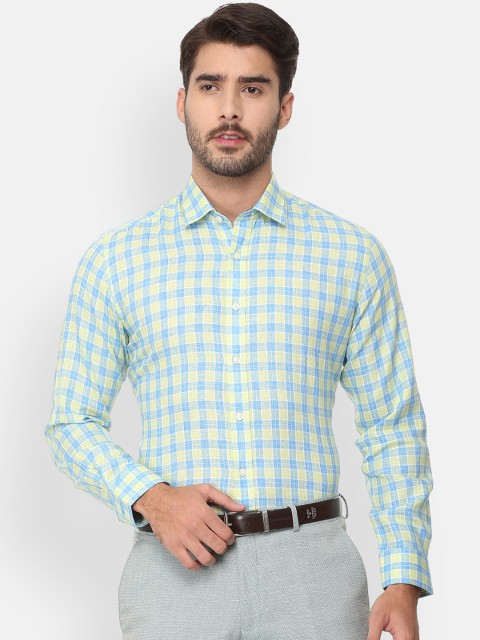 

Louis Philippe Men Blue & Yellow Slim Fit Checked Linen Formal Shirt