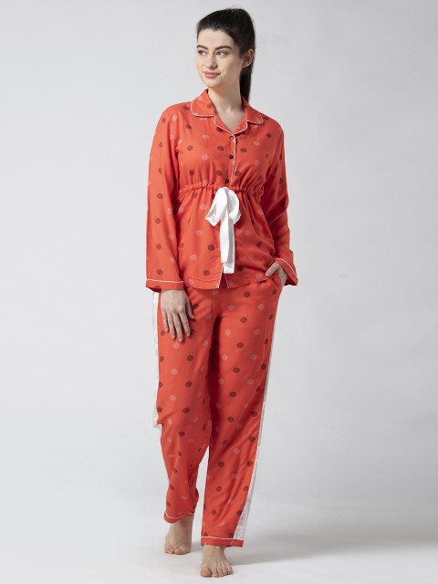 

ADORENITE Women Orange & White Printed Night Suit