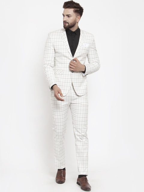 

KLOTTHE Men Off White & Grey Checked Slim-Fit Single-Breasted Party Suit