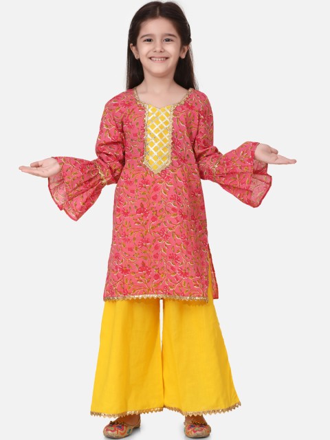 

BownBee Girls Pink & Yellow Printed Kurti with Palazzos