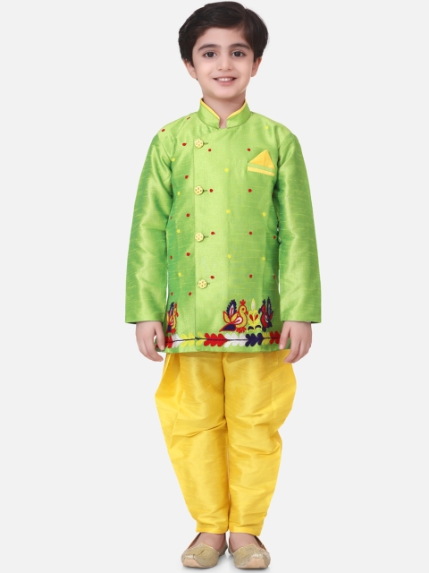 

BownBee Boys Green & Yellow Hand Peacock Embroidered Silk Sherwani Set
