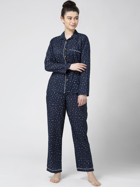 

ADORENITE Women Navy Blue Printed Night suit