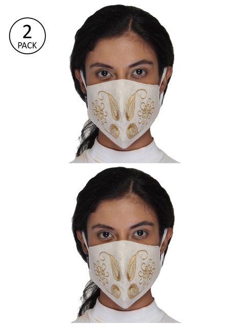 

Anekaant Women 2 Pcs Reusable 3-Ply Cotton Embroidered Cloth Fashion Masks, White