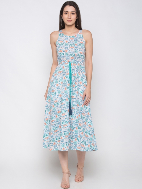 

Globus Women White & Blue Floral Printed Fit and Flare Dress