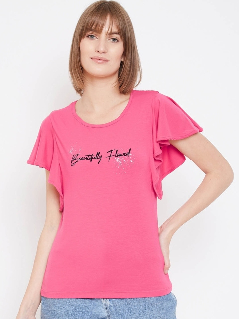 

METTLE Women Pink Printed Flutter Sleeves Pure Cotton Top