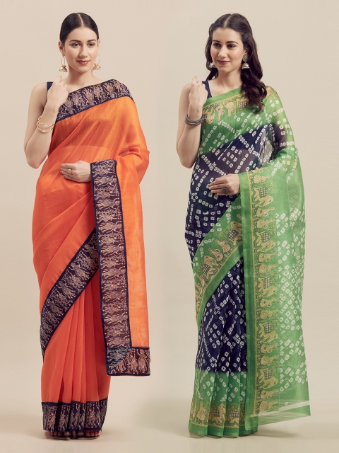 

Silk Bazar Orange & Green Pack of 2 Art Silk Printed Bhagalpuri Saree
