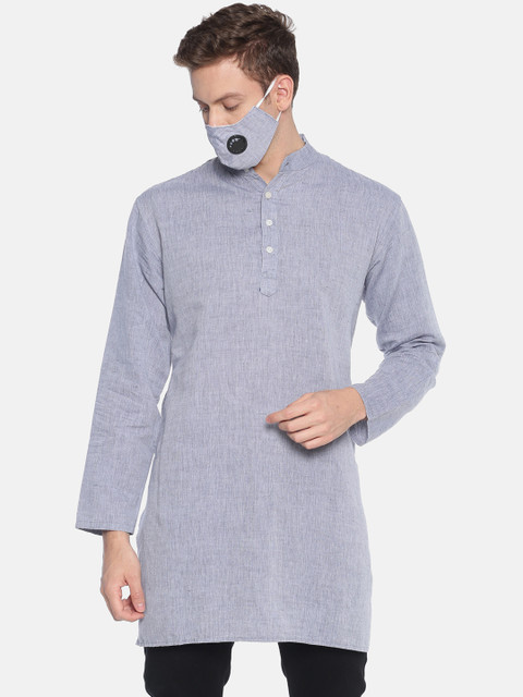 

Sethukrishna Men Grey Solid Linen Straight Kurta With Anti-Dust Mask
