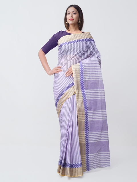 

Unnati Silks Blue & White Pure Cotton Striped Handloom Bengal Taant Saree