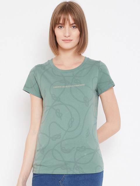 

METTLE Women Green Printed Round Neck T-shirt, Fluorescent green