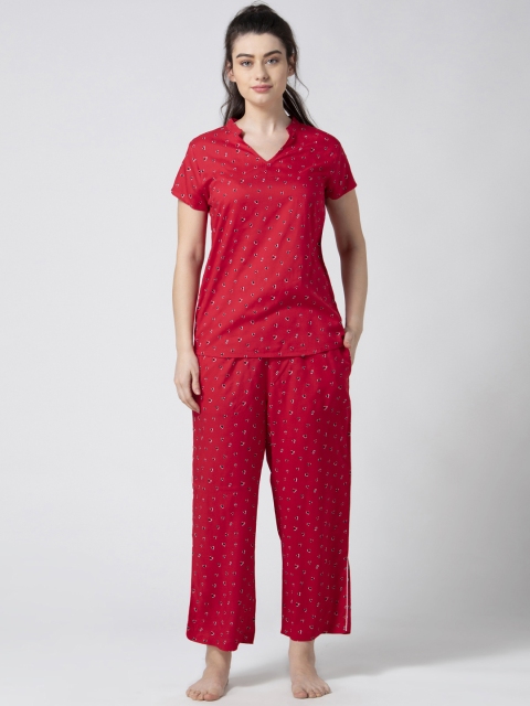 

ADORENITE Women Red & Black Printed Night Suit
