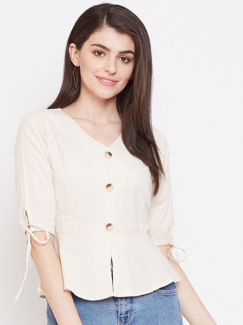 

METTLE Women Off-White Solid Shirt Style Top