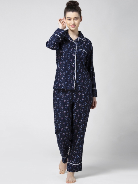 

ADORENITE Women Navy Blue Printed Night suit