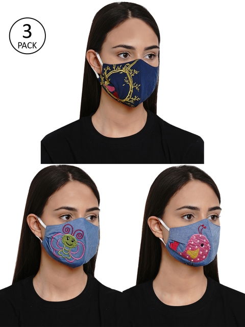 

Bhama Couture Women 3 Pcs Reusable 4Ply Reusable Printed Cloth Masks, Blue