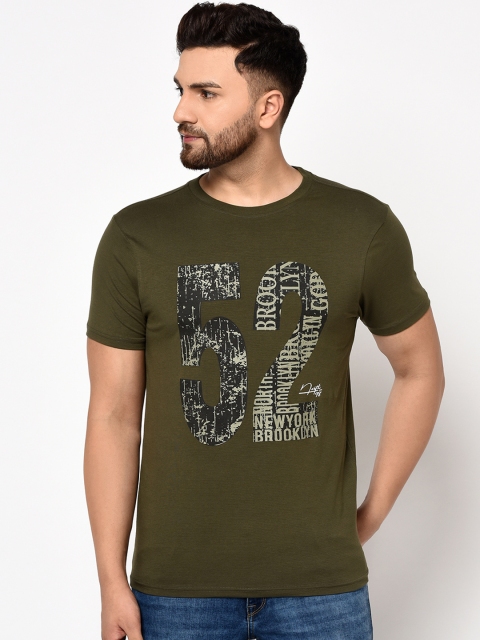

98 Degree North Men Olive Green Printed Round Neck T-shirt