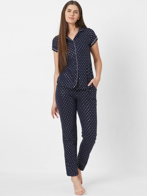 

Sweet Dreams Women Navy Blue & White Printed Night suit