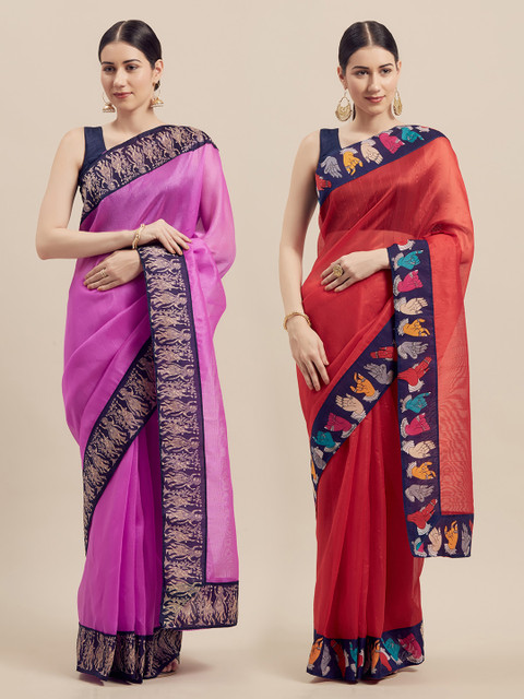 

Silk Bazar Pink & Red Pack of 2 Art Silk Solid Bhagalpuri Saree