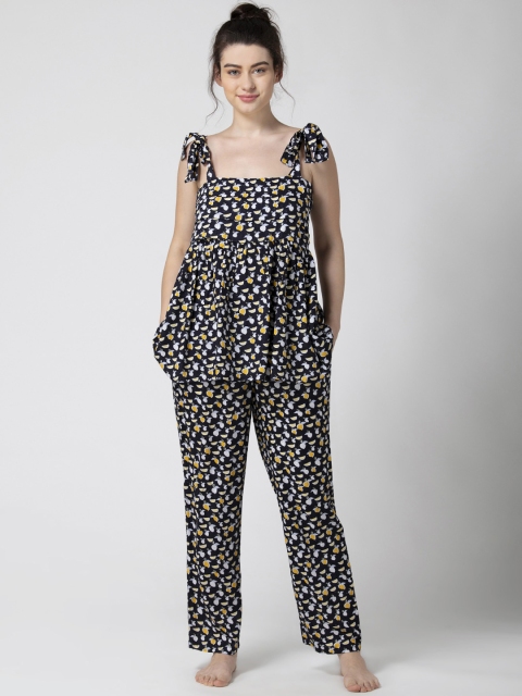 ADORENITE Women Black & Yellow Printed Night suit