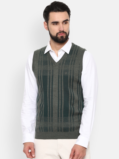 

Louis Philippe Men Green & Grey Striped Sweater Vest