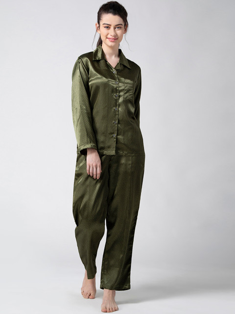

ADORENITE Women Olive Green & Green Polka Dots Print Night suit