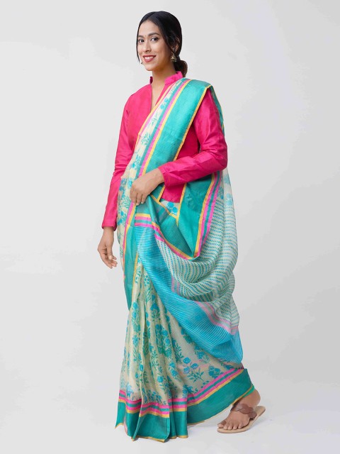 

Unnati Silks Beige & Blue Silk Blend Printed Kota Handloom Saree