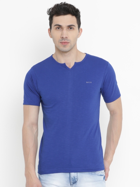 

WITH Men Blue Solid Slim Fit V-Neck T-shirt