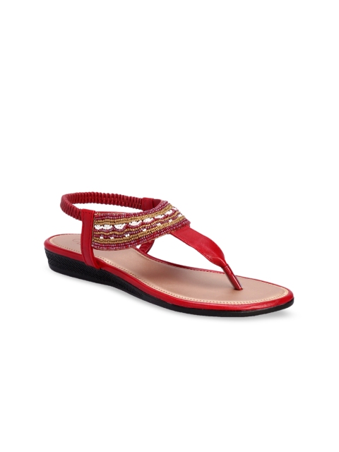 

Khadims Women Red Embellished T-Strap Flats