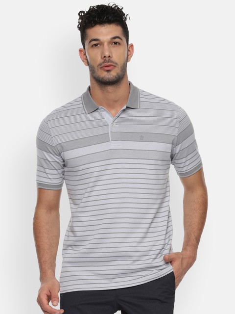 

Louis Philippe Men Grey Striped Polo Collar T-shirt