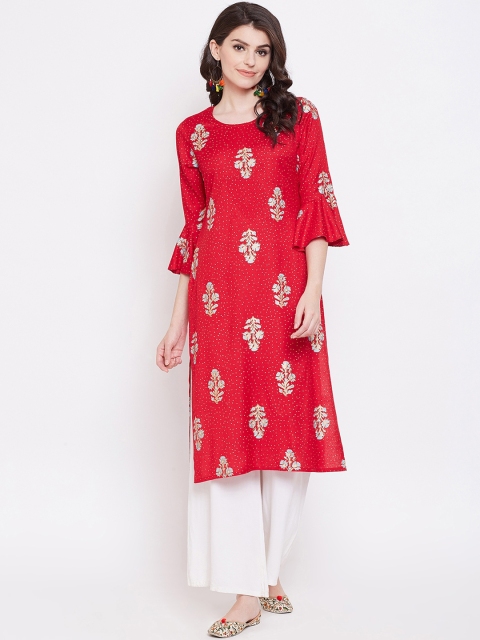 

Desi Rang Women Coral-Red & Gold-Toned Printed Straight Kurta